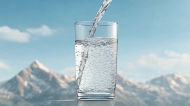 Fresh Water Flowing into a Clear Glass with Mountain Scenery in the Background under a Bright Sky 4k video footage