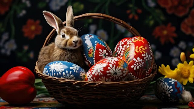 A cute white bunny with a pink nose snuggles in among vibrantly colored, patterned Easter eggs that sit within a rustic wicker basket.