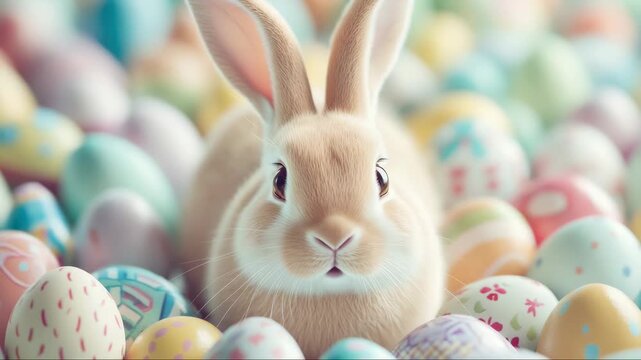 A cute bunny rabbit surrounded by a vibrant assortment of Easter eggs with various patterns and colors.