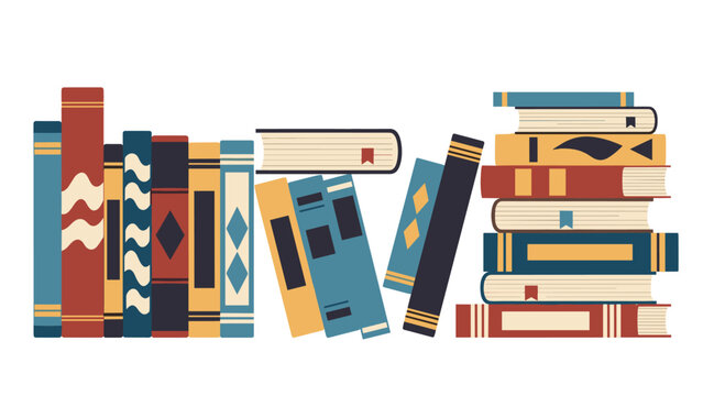 Stylized bookshelf with upright and stacked books vector illustration