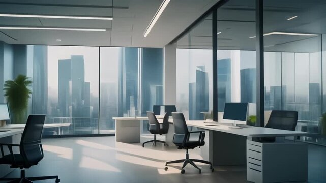 Modern corporate office interior with empty workstations and panoramic city view. Professional business workspace for a finance or technology company with no people