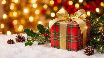 Red Plaid Christmas Gift Box with Gold Ribbon on Snow with Bokeh Lights