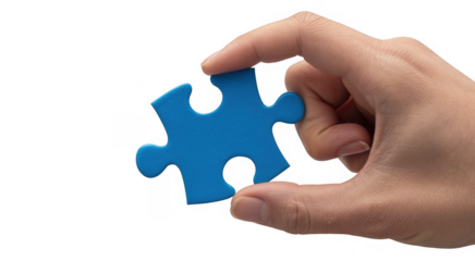 Hand holding a single blue puzzle piece isolated on a transparent background