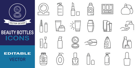 Beauty bottles line icon set symbol collection. Set of 24 icons related to product, skincare, cosmetics services, skin care, template, signs, lifestyle, hair care, makeup and more. Editable stroke.