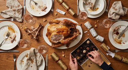 Top-down view of messy Christmas dinner table with half-eaten turkey, dirty plates, and a hand taking a chocolate - Generative AI