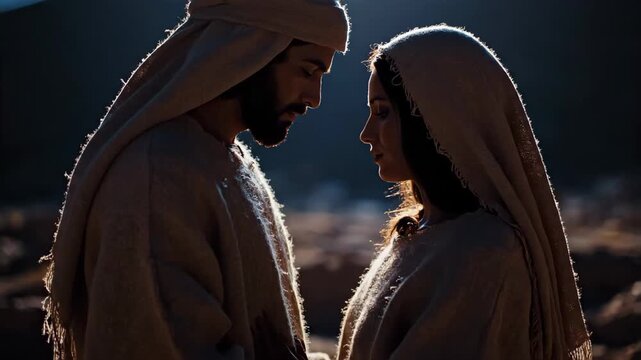 Silhouettes of Mary and Joseph in warm light, intimate moment captured in soft illumination highlighting serene expressions and traditional clothing.