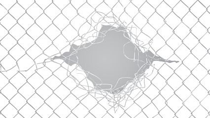 Broken chain link fence with a large hole ripped open against a stark black background graphic