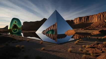 Surreal desert landscape with geometric sculptures