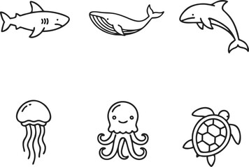 Marine Life Line Art Illustration, Cute Sea Animal Icons and Ocean Creature Outlines