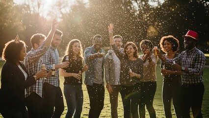 Group of young people celebrating with champagne in park