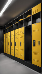 Contemporary Gym Locker Room with Vibrant Yellow Cabinets Against a Sleek Black Wall and Professional Interior Design
