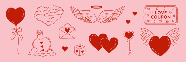 Valentine's Day love vector set of hand-drawn doodle elements, hearts,love letter,heart-shaped balloon,bow, love coupon, wings,winged heart,potion. Creative design in red for web graphic, banner, card