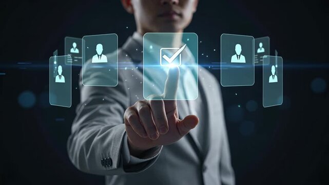 A businessperson touching on a glowing digital profile card showing hr data in sap software system and enterprise integration