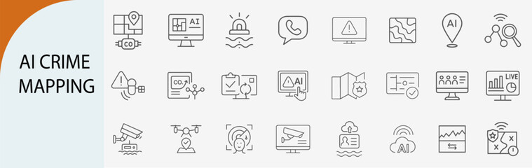 ai crime mapping icon set with surveillance and data tracking, minimal line vector design