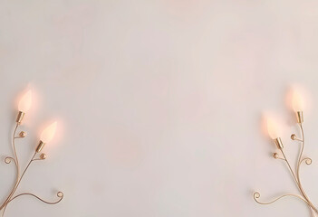 Soft pastel minimalist background with elegant decorative wall lanterns and warm glowing light, symmetrical interior design backdrop with copy space