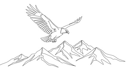 Majestic eagle soars above towering mountains in a clean, minimalist line art illustration style.