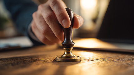Hand holding wooden and brass stamp over wooden surface image