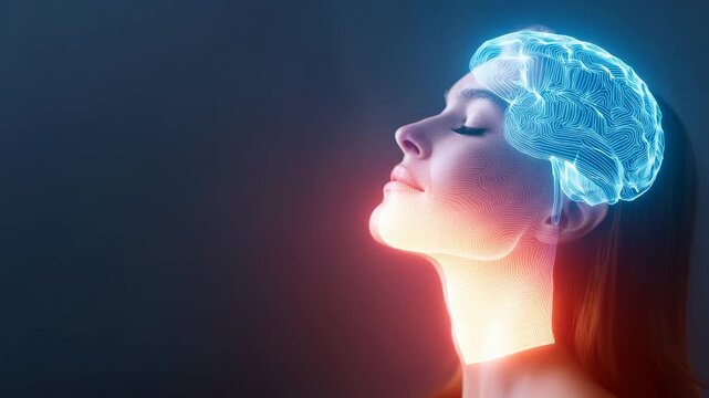 Conceptual portrait of a woman with a glowing brain illustration symbolizing intelligence and creativity