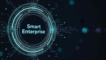 The circular holographic interface with glowing rings showing digital erp in sap software system and enterprise integration - Powered by Adobe