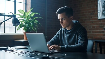Man working on laptop in modern office setting