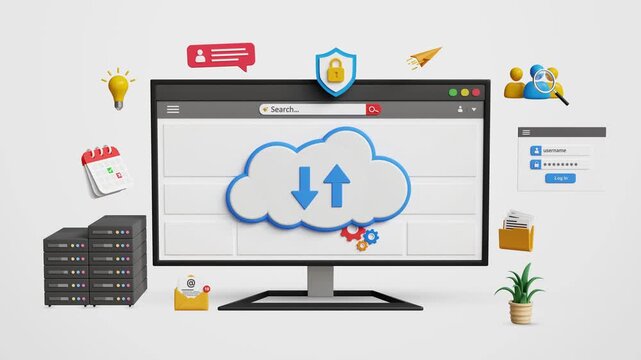 Cloud Technology, Secure Data Storage and Backup. Scalable Digital Infrastructure, Cloud Based Business Solutions, Hybrid and Edge Computing. Download or Upload Data to Cloud Computing on 3D Computer