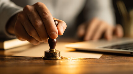 Hand holding wooden stamp pressing paper person