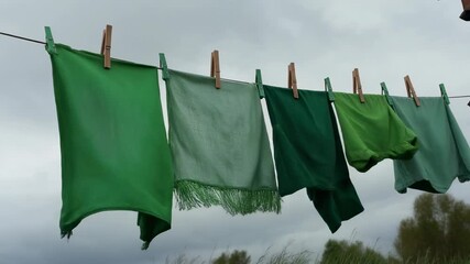 Sequence of green textiles fluttering on a clothesline in the wind. Natural fabric care and sustainable living concept with laundry drying outdoors under an overcast sky