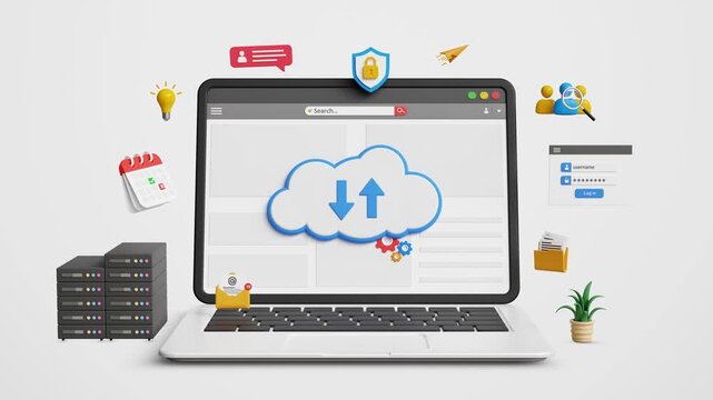 Cloud Technology, Secure Data Storage and Backup. Scalable Digital Infrastructure, Cloud Based Business Solutions, Hybrid and Edge Computing. Download or Upload Data to Cloud Computing on 3D Laptop