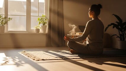 Woman practicing yoga in a serene indoor setting with plants