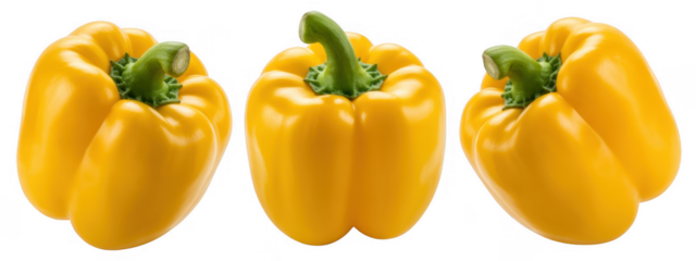 Three yellow bell peppers sweet pepper vegetable isolated on a transparent background