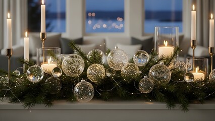 Festive modern Christmas display with glowing candles and sparkling glass ornaments on pine branches, evoking a cozy winter ambiance