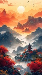 Expressive Nature Illustration with Traditional Asian Aesthetics and Rich Color Depth