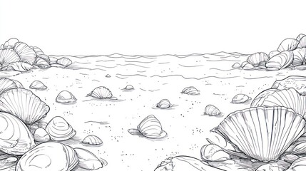 Beach illustration with seashells and rocks in black and white drawing