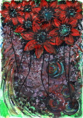 An expressive painting, executed with thick brushstrokes of acrylic paint. It depicts a bouquet of bright red flowers with dark, almost black centers and turquoise flecks in the center.