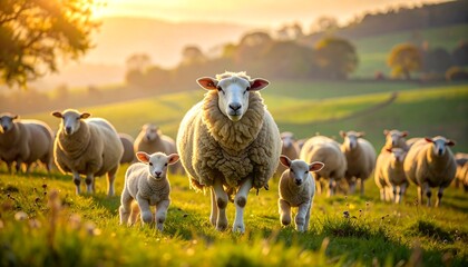 Fototapeta premium Sheep Flock in a Sunny Meadow.