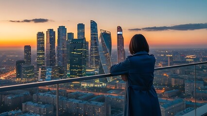 Woman enjoying cityscape view from rooftop at sunset