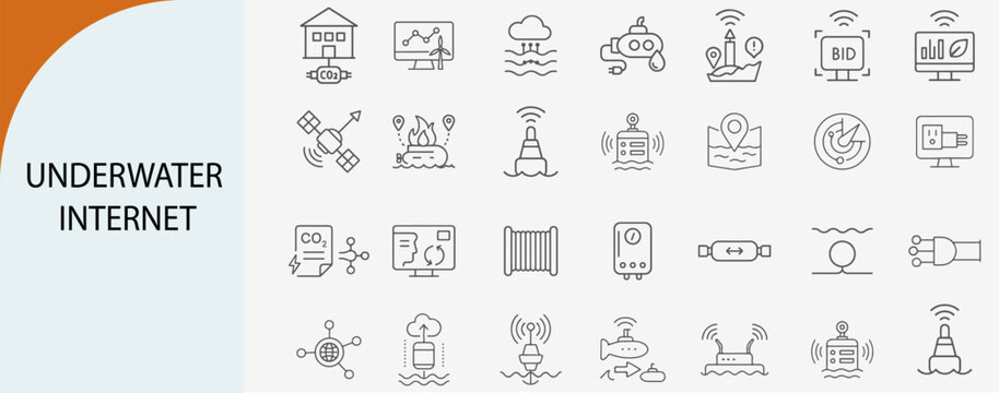 underwater internet and marine data icons, minimal line vector set