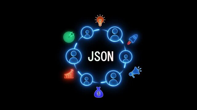 JSON acronym in a circular network of user icons with business and strategy symbols on black background Keywords: JSON, acronym, network, circular, connection, communication, teamwork