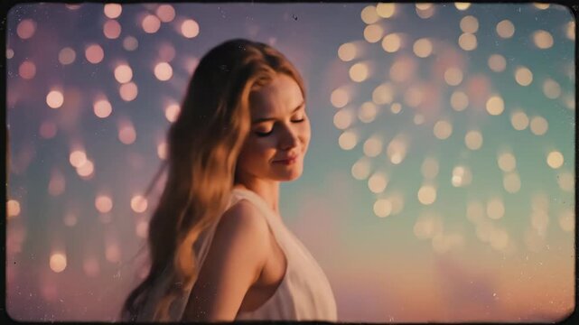 Woman Floating in Pastel Dreamcore Atmosphere with Fireworks