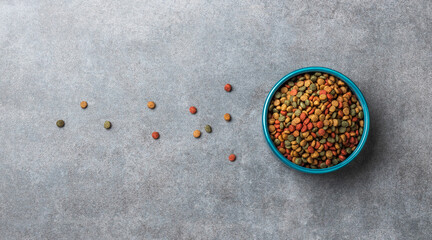 A blue bowl filled colorful dry pet food kibble with scattered on gray stone textured background. © PixelArt_25