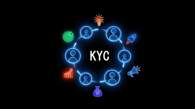 Neon Circle Diagram with KYC Text and Business Icons on Black Background know your customer verification