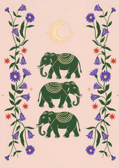 Decorative folk art illustration of elephants with floral borders and moon