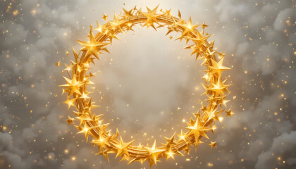 Golden star wreath with sparkling lights on cloudy background