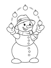 A cheerful snowman wearing a hat and scarf juggles several Christmas ornaments with a smile.