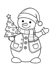 A charming black and white illustration of a happy snowman holding a decorated Christmas tree.