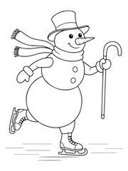 A charming cartoon snowman wearing a hat and scarf, ice skating with a cane.