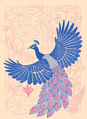 Stylized peacock in flight with ornate tail and botanical background