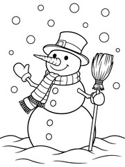 A cheerful snowman wearing a hat and scarf, holding a broom, with snowflakes falling around him.