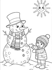 A cheerful snowman wearing a top hat and scarf stands next to a smiling child dressed in winter clothes, with a happy sun shining in the background.