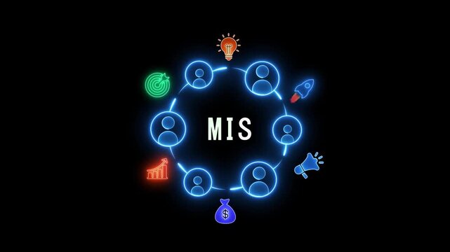 Management information system concept with glowing icons and MIS text Keywords: MIS, Management Information System, data, management, technology, business, concept, digital, strategy